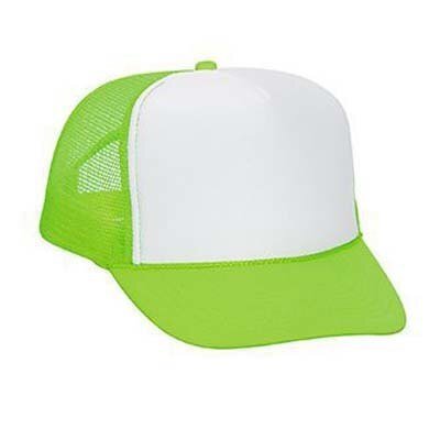Green and White Otto Cap; Neon 5 Panel High-Crown Mesh Back Trucker Hat